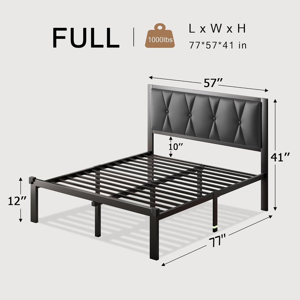 Einhomn Full Size Metal Bed Frame, Platform Bed with Faux Leather Button Tufted Headboard, 12' Underbed Storage, Steel Slats Support, No Box Spring Needed, Easy Assembly, Noise-Free, Black