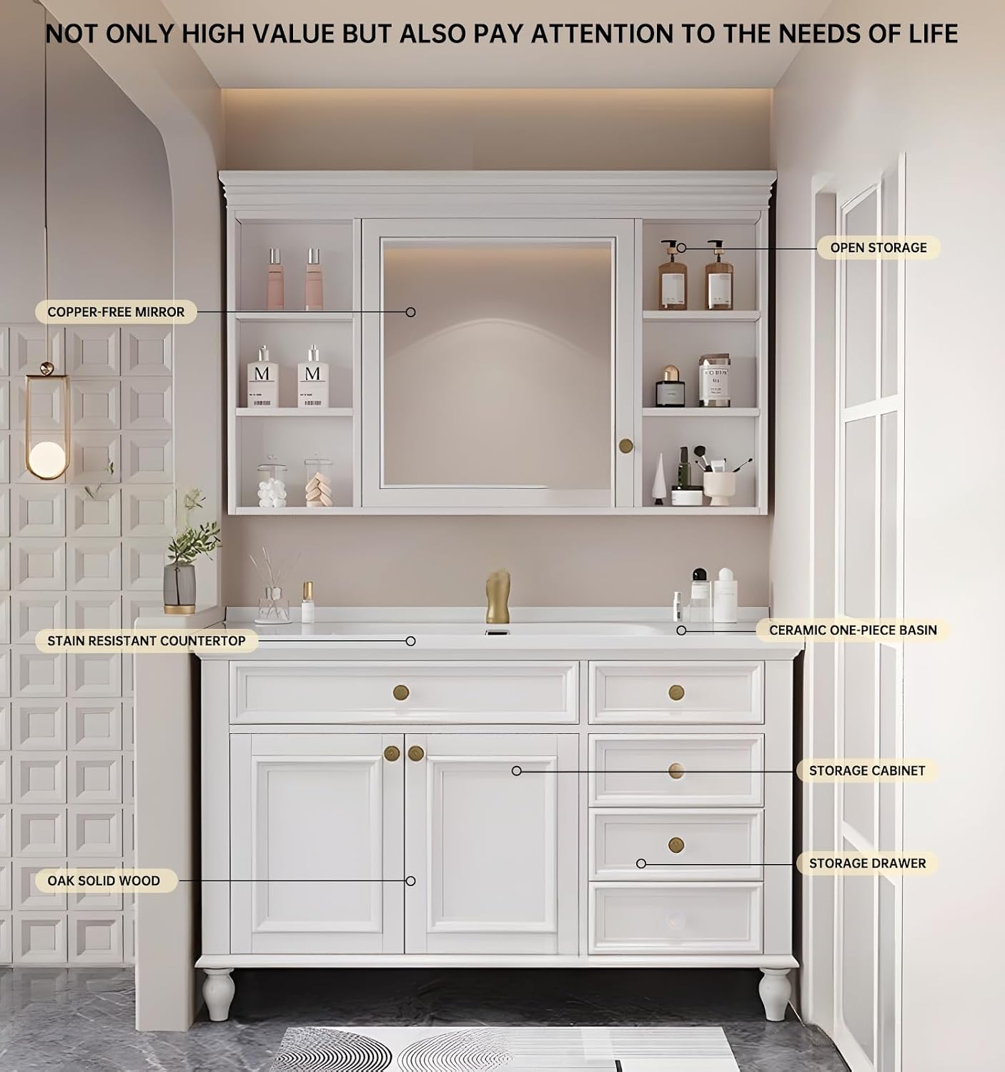 36' Freestanding Bathroom Vanity With Sink,Pure White Ceramic Countertops & Open Mirror Cabinet,2 Soft Closing Doors and 4 dovetail Drawers Bathroom Cabinet/Simple and Light Luxury Style,White