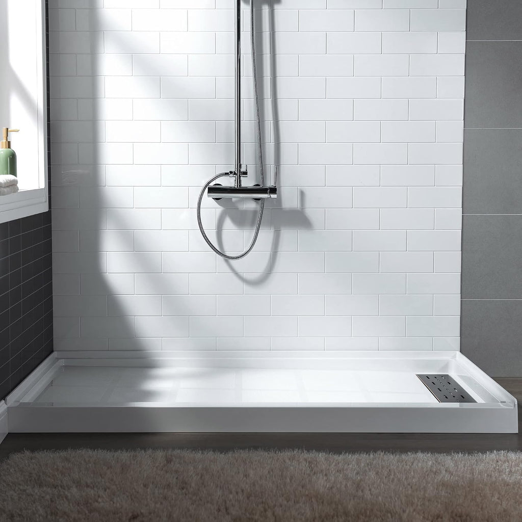 WOODBRIDGE Solid Surface Shower Base with Recessed Trench Side Including Oil Rubbed Bronze Linear Drain Cover L x W x H, 60'L x 30'Wx 4'H,Right Drain,White Color