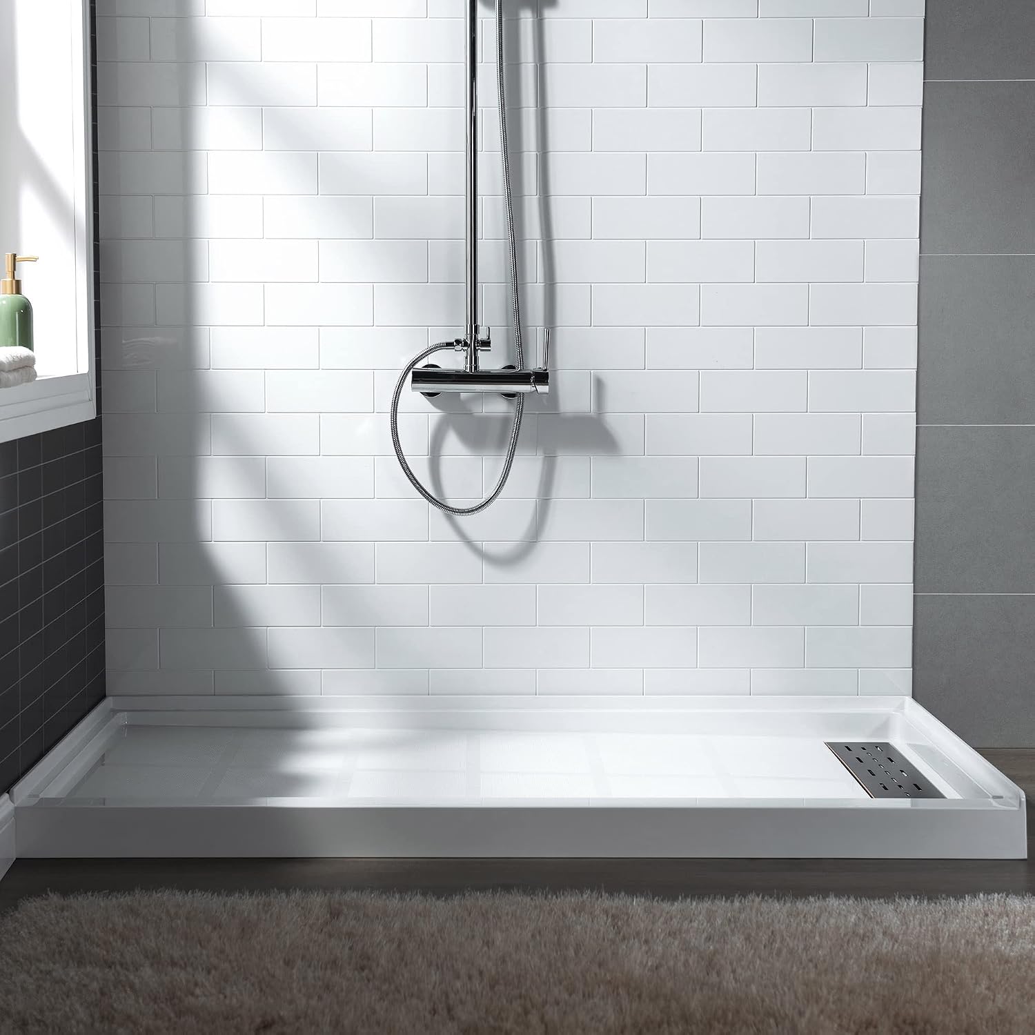 WOODBRIDGE Solid Surface Shower Base with Recessed Trench Side Including Oil Rubbed Bronze Linear Drain Cover L x W x H, 60'L x 30'Wx 4'H,Right Drain,White Color