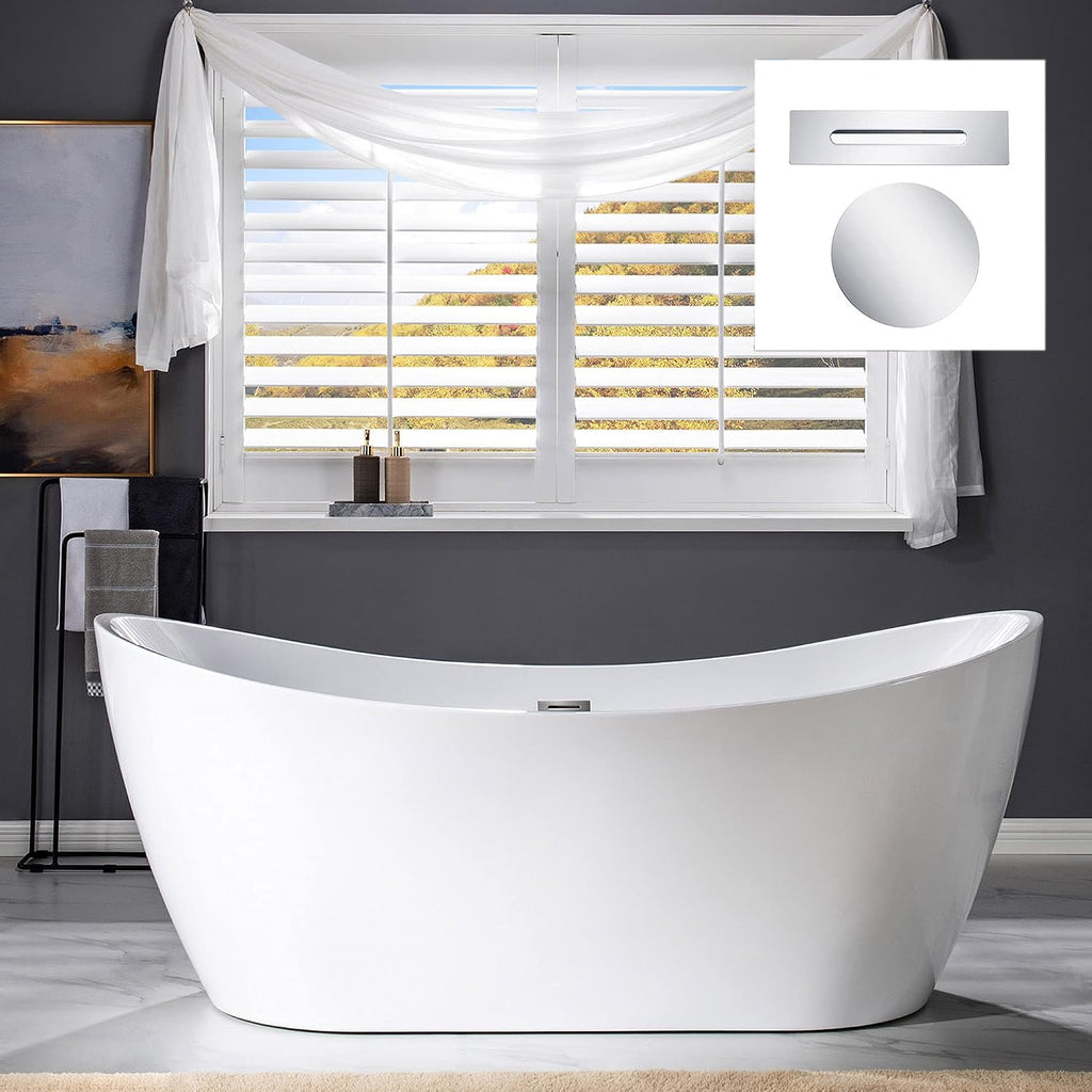 WOODBRIDGE 71' Acrylic Freestanding Bathtub Contemporary Soaking White Tub with Chrome Overflow and Drain，BTA1517-C-Drain-&O