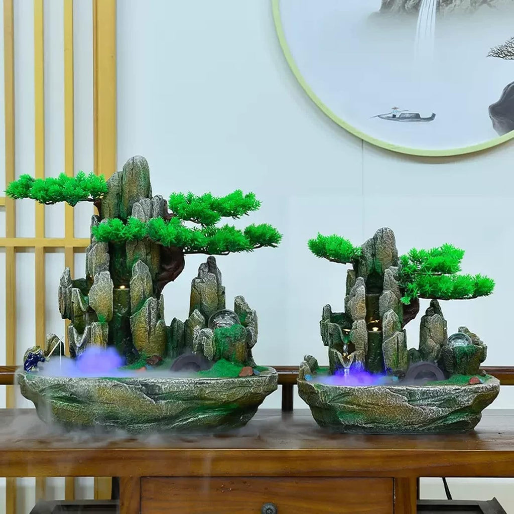 Desktop Fountain Indoor Fountain Tabletop Natural Waterfall Fake Tree Creative Simulation Resin Rockery for Office Home Desk Decoration(Large)