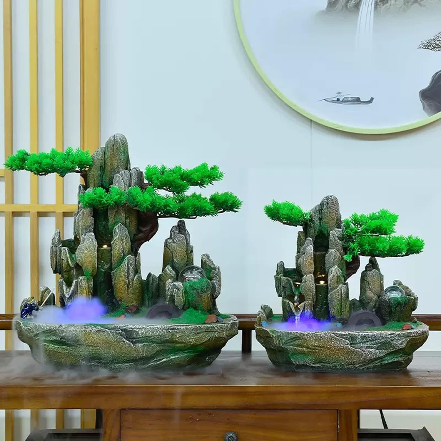 Desktop Fountain Indoor Fountain Tabletop Natural Waterfall Fake Tree Creative Simulation Resin Rockery for Office Home Desk Decoration(Small)
