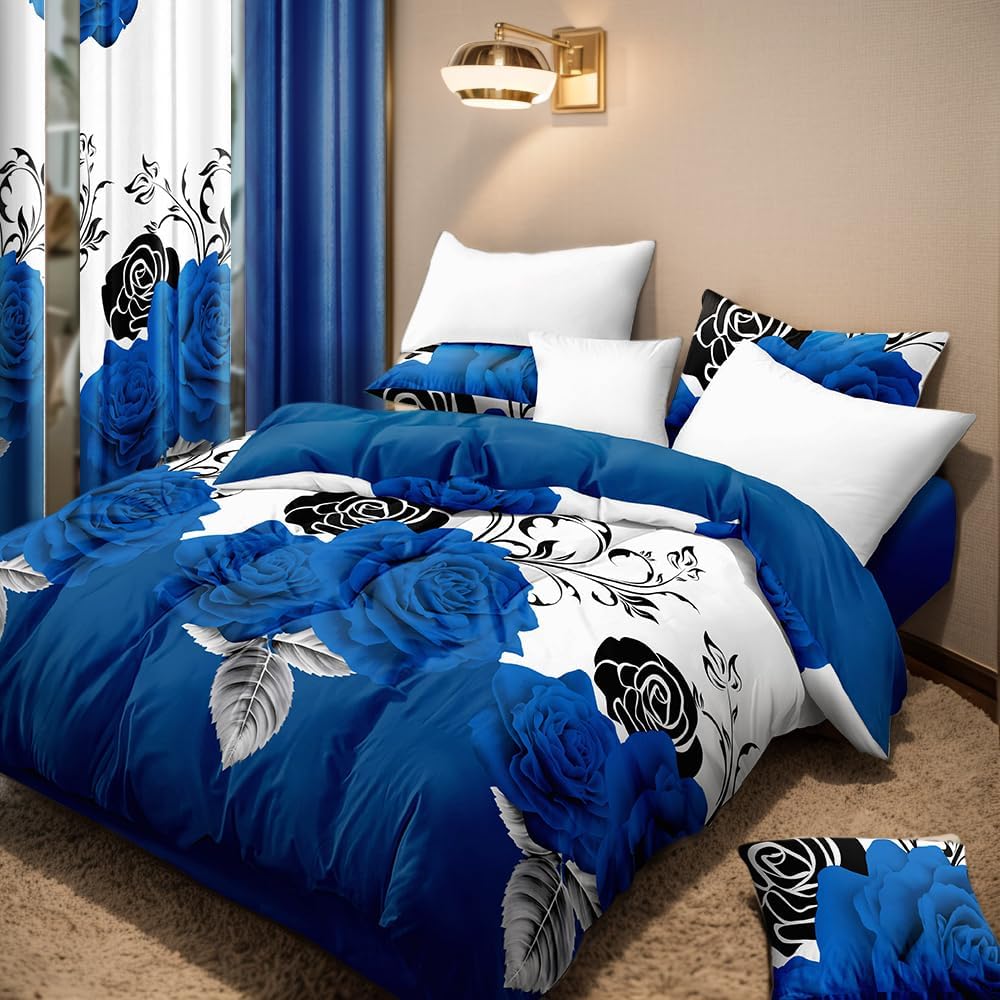 Elegant Blue Rose Floral Queen Light Comforter Set, Luxury 9-Piece Bed in a Bag Queen Bedspread with Matching Curtains Ultra Soft & Breathable Botanical Bedding, All-Season Decor for Master Suite