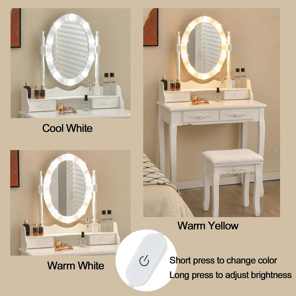 Giantex Makeup Vanity Table with 10 LED Lights, Adjustable Brightness, 3 Color Light Modes, 4 Drawers, Rotatable Mirror, Cushioned Stool, Vanity Desk Dressing Table Bedroom Furniture (White)