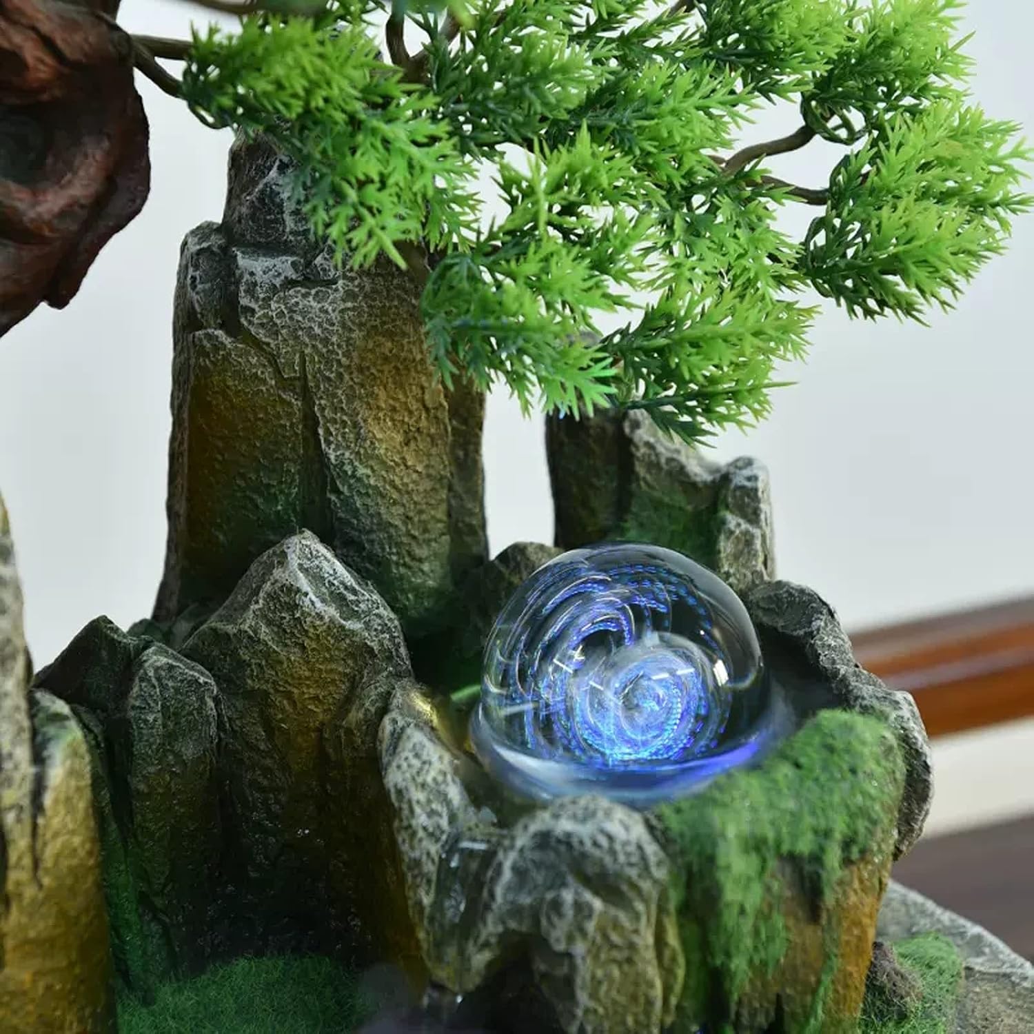 Desktop Fountain Indoor Fountain Tabletop Natural Waterfall Fake Tree Creative Simulation Resin Rockery for Office Home Desk Decoration(Large)