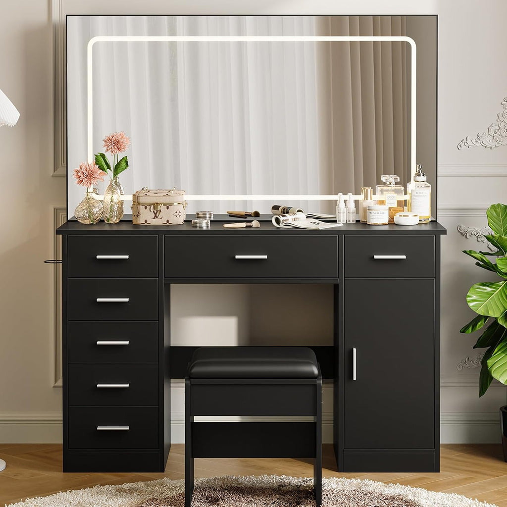 IDEALHOUSE Vanity Desk with Mirror and Lights, White Makeup Vanity with 7 Drawers, 3 Light Mode and Brightness Adjusted, Dressing Table with Hairdryer Holder for Bedroom