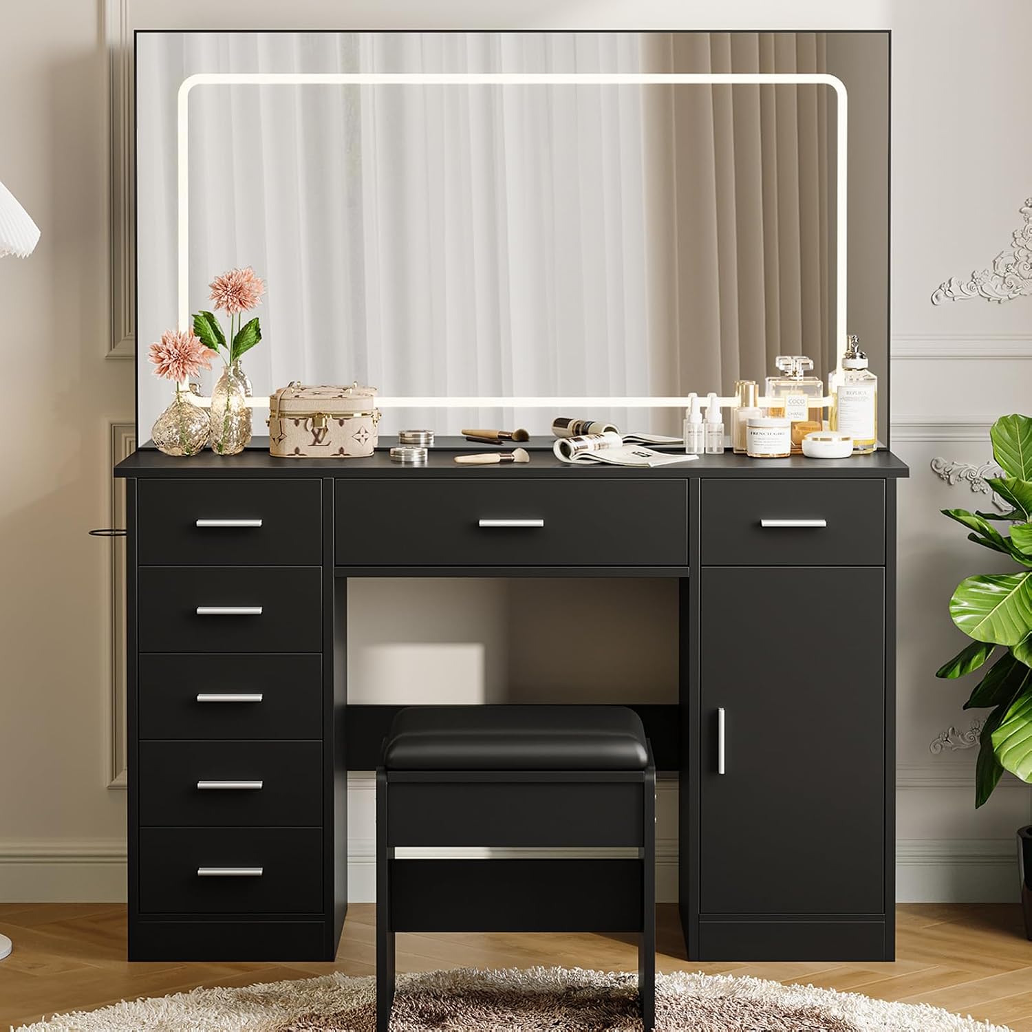 IDEALHOUSE Vanity Desk with Mirror and Lights, White Makeup Vanity with 7 Drawers, 3 Light Mode and Brightness Adjusted, Dressing Table with Hairdryer Holder for Bedroom