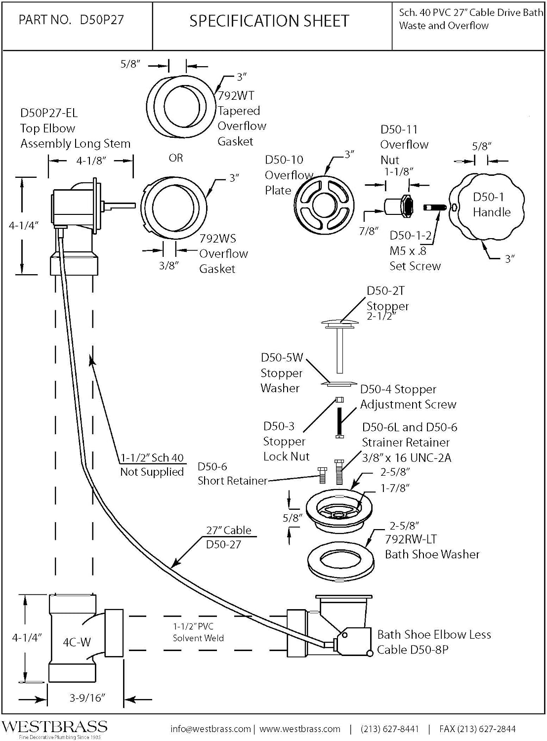 Westbrass Sch. 40 PVC 27 in. Cable Drive Bath Waste, Matte Black, D50P27-62