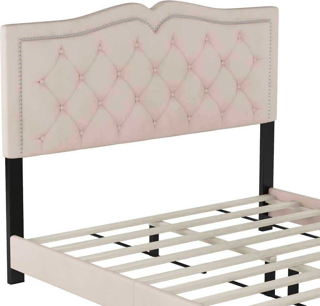 VilroCaz Elegant Velvet Design 3-Pieces Bedroom Sets, Modern Queen Size Platform Bed with 2 Nightstands, Bedside Table, Rivet Design Tufted Headboard