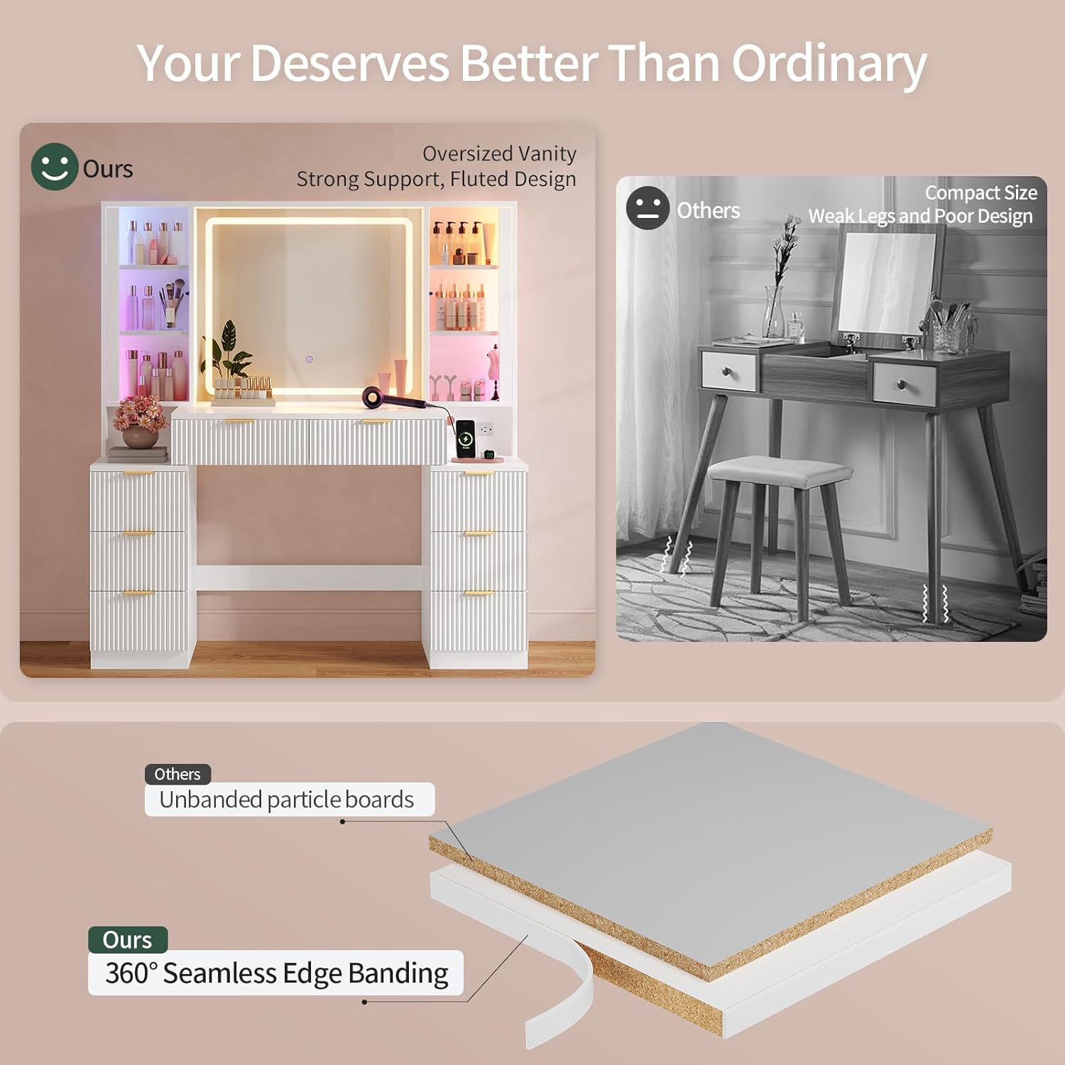 HAUOMS Big Vanity, Fluted Wood Makeup Vanity Desk with Mirror and Sound Sync LED Lights, Large Vanity Dressing Table, 8 Drawers, Charging Station for Girls, Women (White, 51.2' Width)
