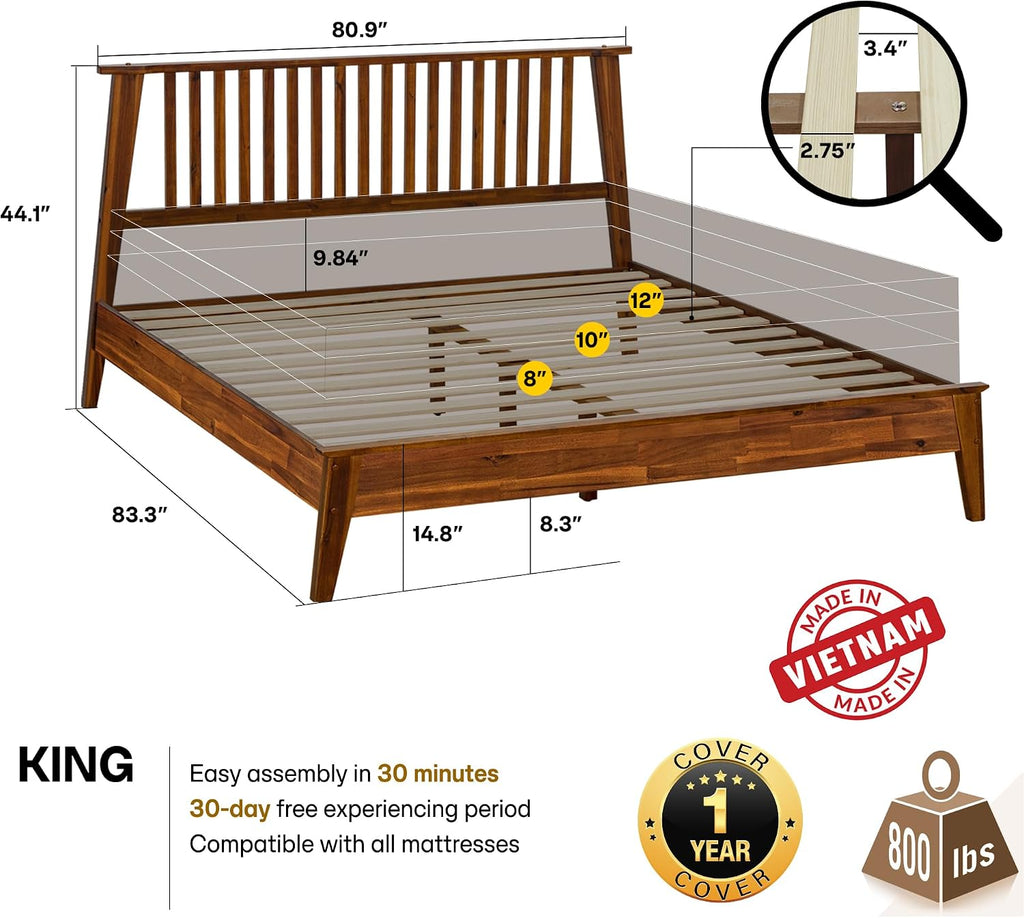 Acacia Kaylin Bed Frame with Headboard Solid Wood Platform Bed, King Bed Frame, Themed Headboard Wood Bed Compatible with All Mattress Types, No Box Spring Needed, Quick & Easy Assembly, Caramel.