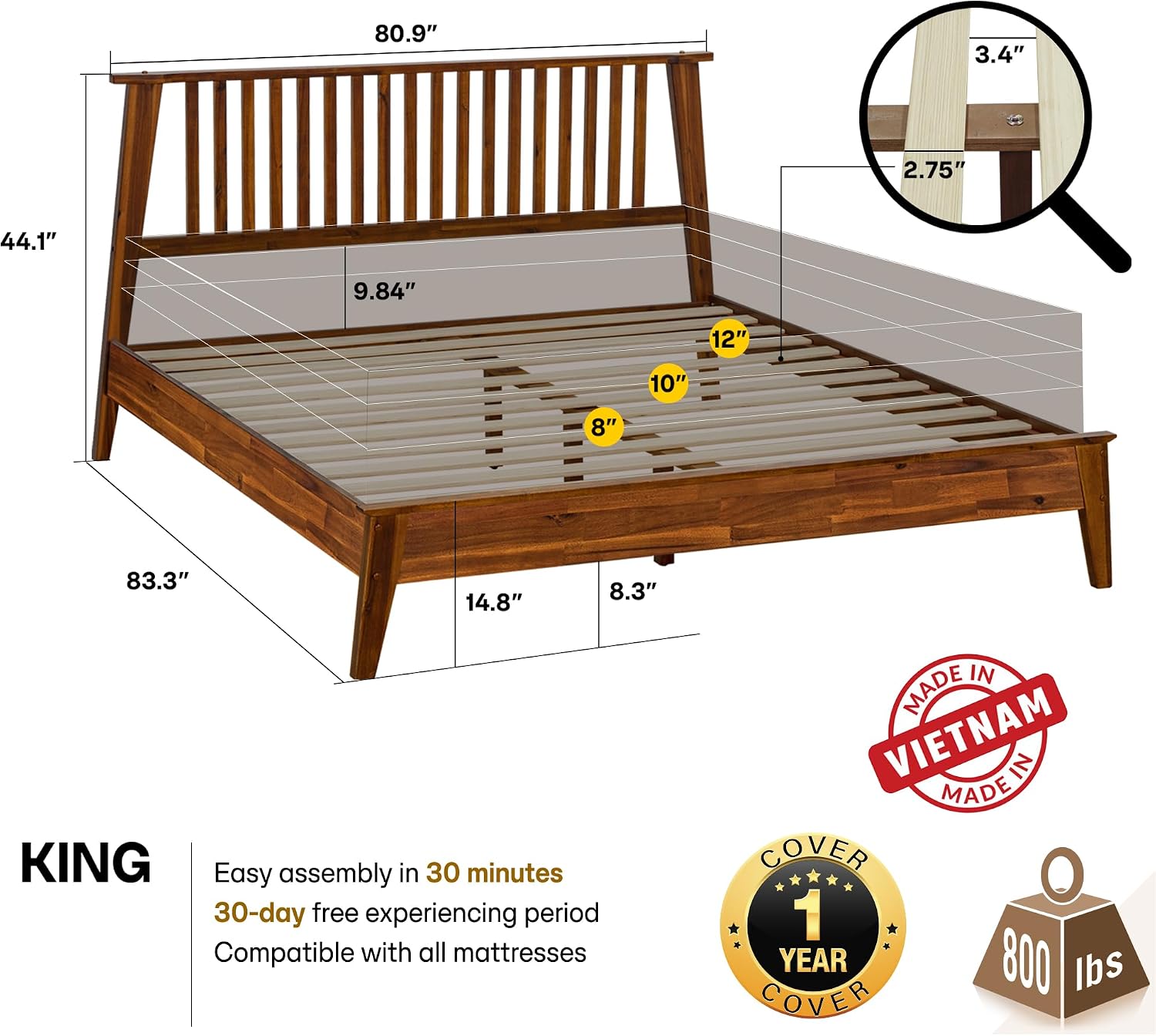 Acacia Kaylin Bed Frame with Headboard Solid Wood Platform Bed, King Bed Frame, Themed Headboard Wood Bed Compatible with All Mattress Types, No Box Spring Needed, Quick & Easy Assembly, Caramel.