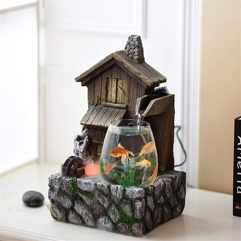 Transparent Fish Tank and Antique Cottage Fountain Waterfall Tabletop Water Feature Indoor Decoration Aquarium Humidifier Relaxesion Desktop Decorative Fountain(B)