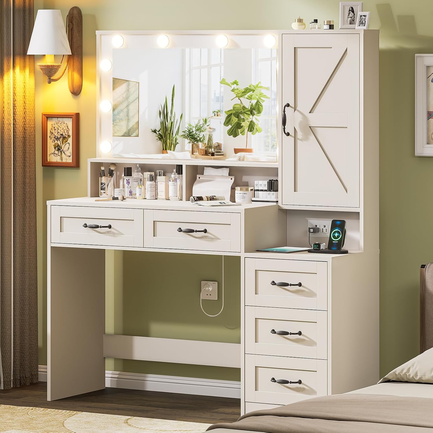 DINGIPP Farmhouse Vanity Desk with Mirror and 10 Led Lights, 45.3' Large Makeup Vanity Table with Power Outlet, 5 Drawers and 1 Cabinet, Vanity Set Dressing Table with 9 Hooks for Women Girls (White)