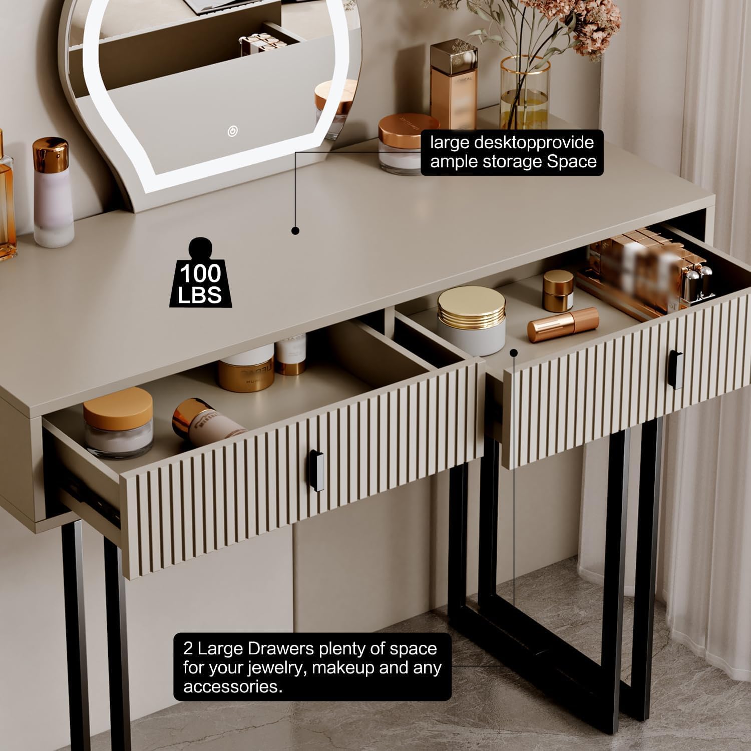 Ieejdn Morandi Gray Vanity Desk with Mirror and Lights,Small Makeup Vanity with 2 Drawers，Modern Makeup Table with Adjustable Cabinet for Bedroom,Makeup Room