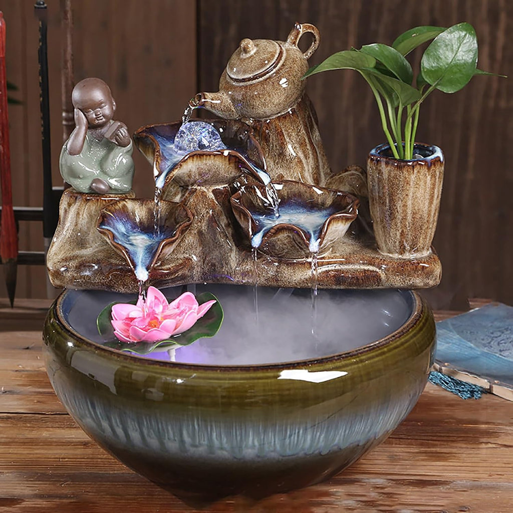 Tabletop Water Fountain, Feng Shui Mist Waterfall with Fish Tank, Ceramic Zen Bonsai Decor, Relaxing Desktop for Office Living Room(C)