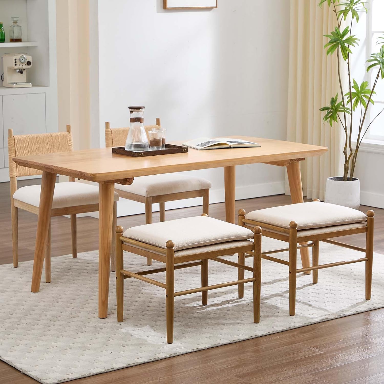 Kmax Ottoman Bench, 19 Inch Tall Vanity Chairs No Wheels, Upholstered Ktichen Chairs Backless Farmhouse Wooden Side Chairs for Dining Room, Extra Seating for Living Room - Linen, Beige