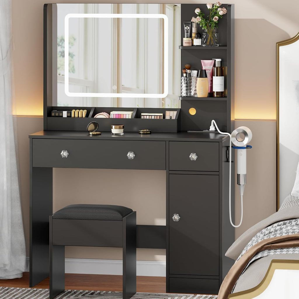 Korfile Makeup Vanity Desk with Mirror and Lights 3 Color, Vanity Set with Power Outlet and Stool, Black Vanity Desk with Cabinet and Drawers,Make Up Dressing Table with Storage Shelves