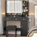 Korfile Makeup Vanity Desk with Mirror and Lights 3 Color, Vanity Set with Power Outlet and Stool, Black Vanity Desk with Cabinet and Drawers,Make Up Dressing Table with Storage Shelves