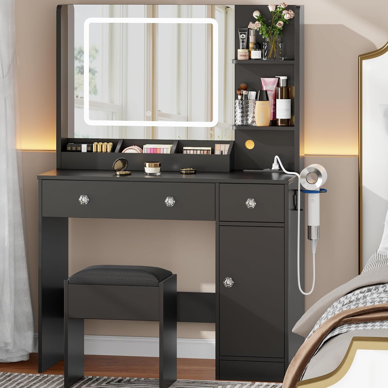 Korfile Makeup Vanity Desk with Mirror and Lights 3 Color, Vanity Set with Power Outlet and Stool, Black Vanity Desk with Cabinet and Drawers,Make Up Dressing Table with Storage Shelves