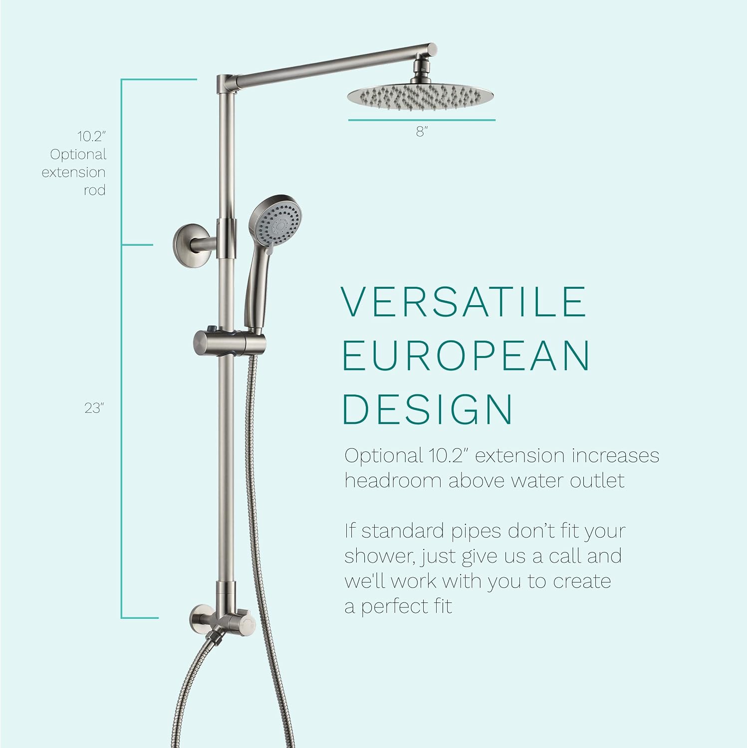 Fennocasa Polaris 3 Rain Shower System, 8' Rainfall Shower Head and Handheld Shower Combo, includes 3-Setting Handheld Spray, Height Adjustable Shower Wand Holder, 60' Hose (1.8 GPM Brushed Nickel)
