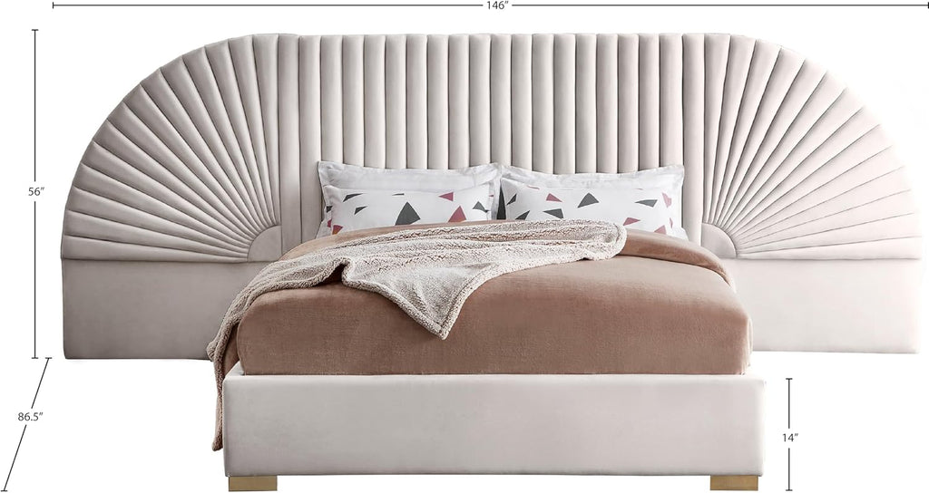 Meridian Furniture Cleo Collection Modern | Contemporary Velvet Upholstered Bed with Gold Steel Legs and Removable Panels, Queen, Cream