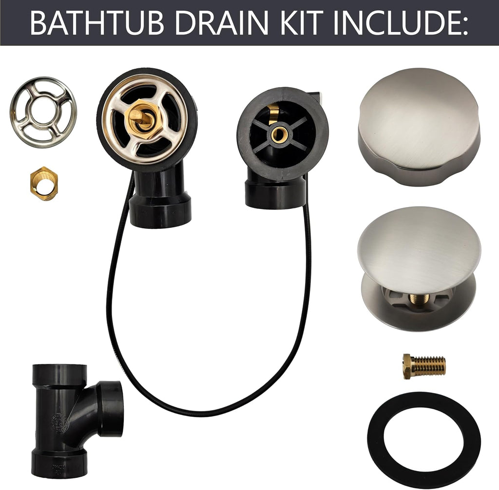 Westbrass A50A35-07 35' SCH. 40 ABS Cable Driven Bath Drain Trim Kit with Rotary Overflow Cover Knob and Pop-Up Stopper, Satin Nickel