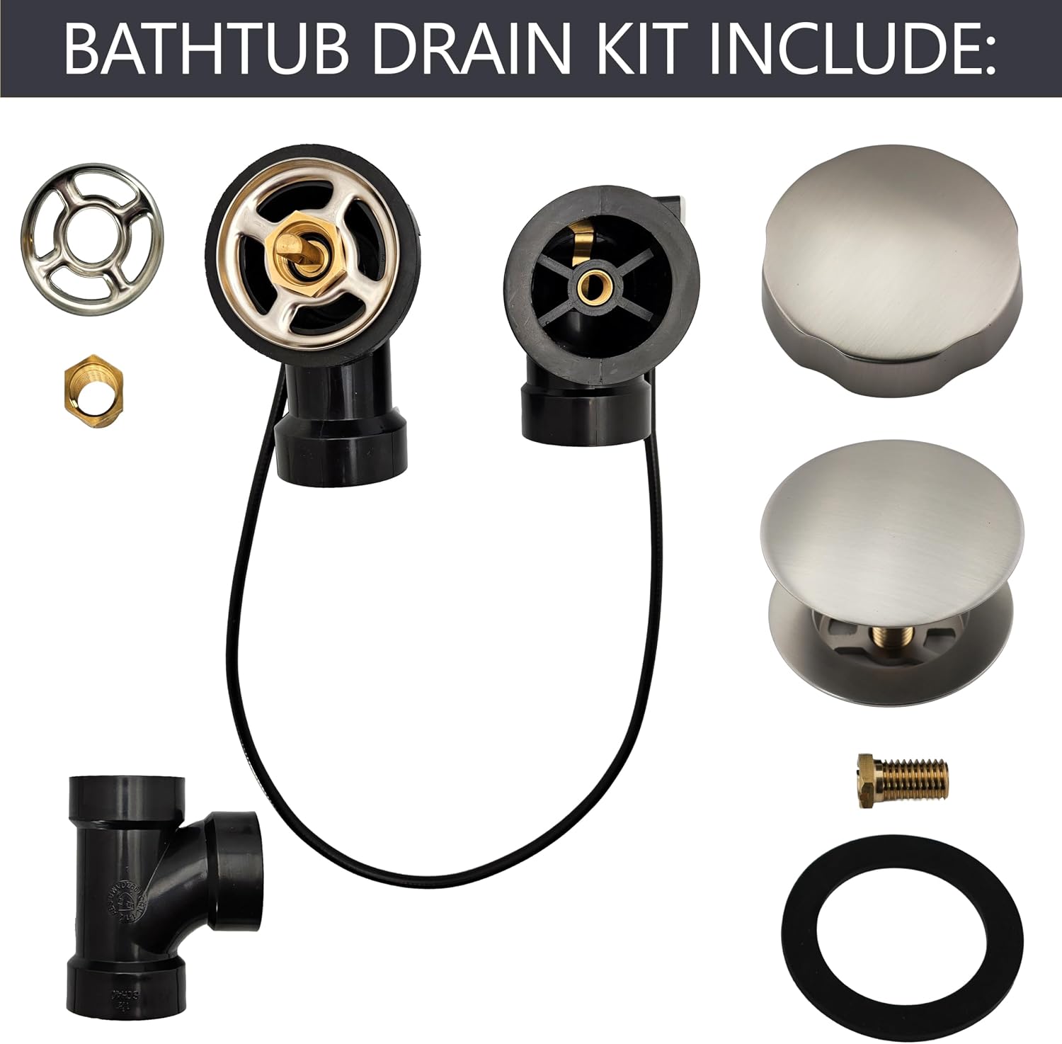 Westbrass A50A35-07 35' SCH. 40 ABS Cable Driven Bath Drain Trim Kit with Rotary Overflow Cover Knob and Pop-Up Stopper, Satin Nickel
