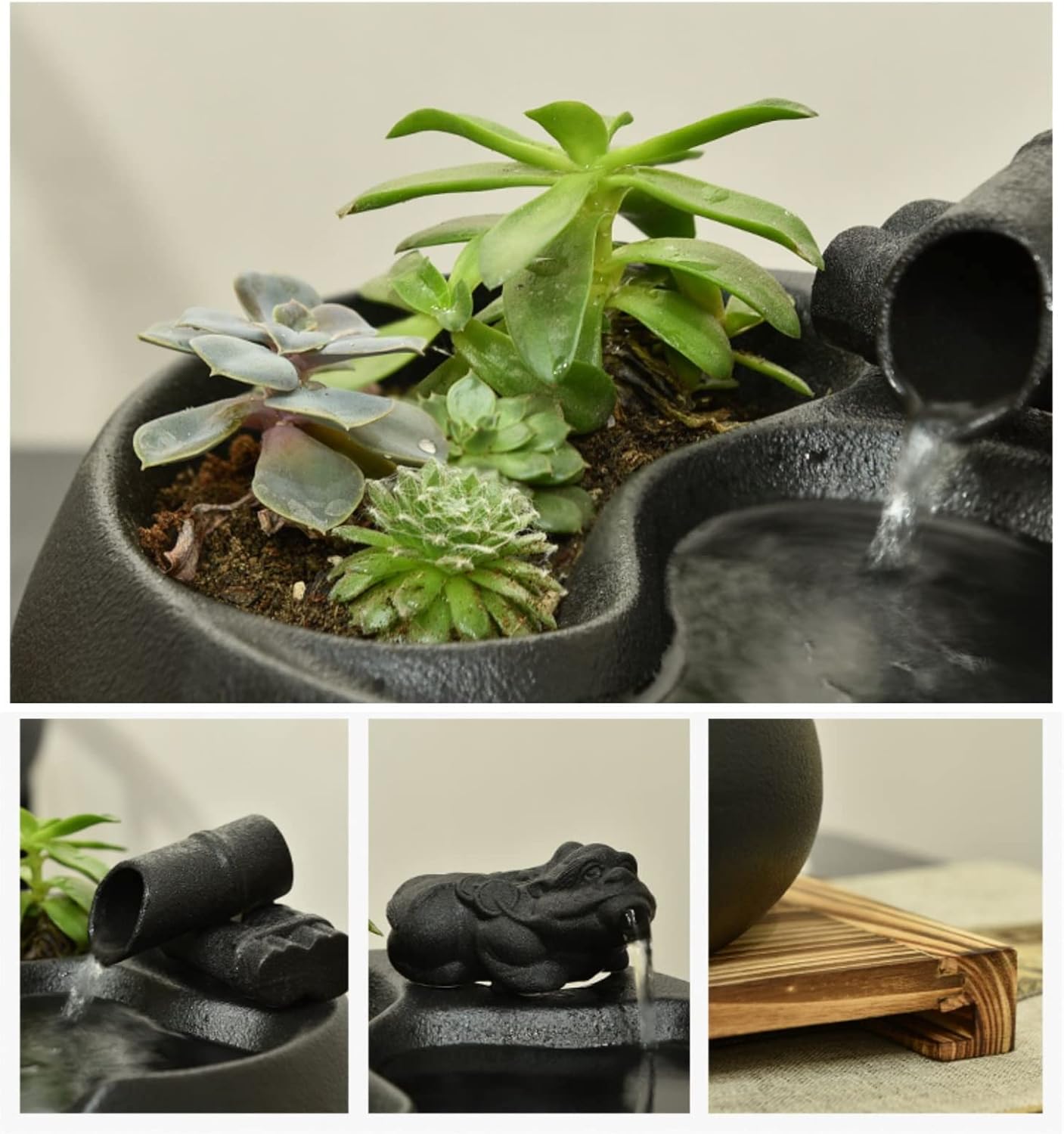 Tabletop Fountain Waterfall Ceramic Tabletop Fountain for Indoor and Outdoor Table Desk Office Patio Black Ceramic Fountain with Pumps and Wooden Base Indoor Waterfall Desktop Fountain (Color : A)