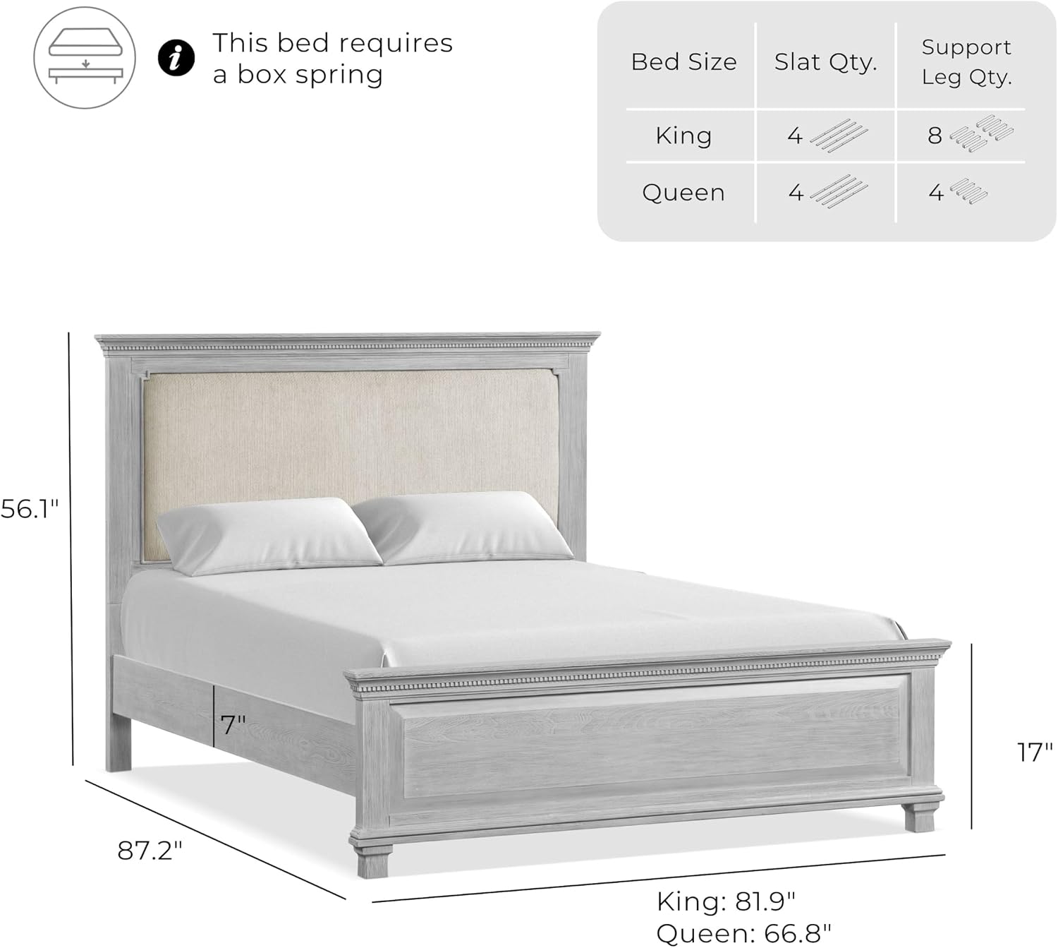Furniture of America Deborah Modern Solid Wood 5-Piece Bedroom Set with Fabric Headboard, Dentil Molding, Black Square Knob, Felt-Lined Top Drawers, Box Spring Needed, King, Weathered Gray