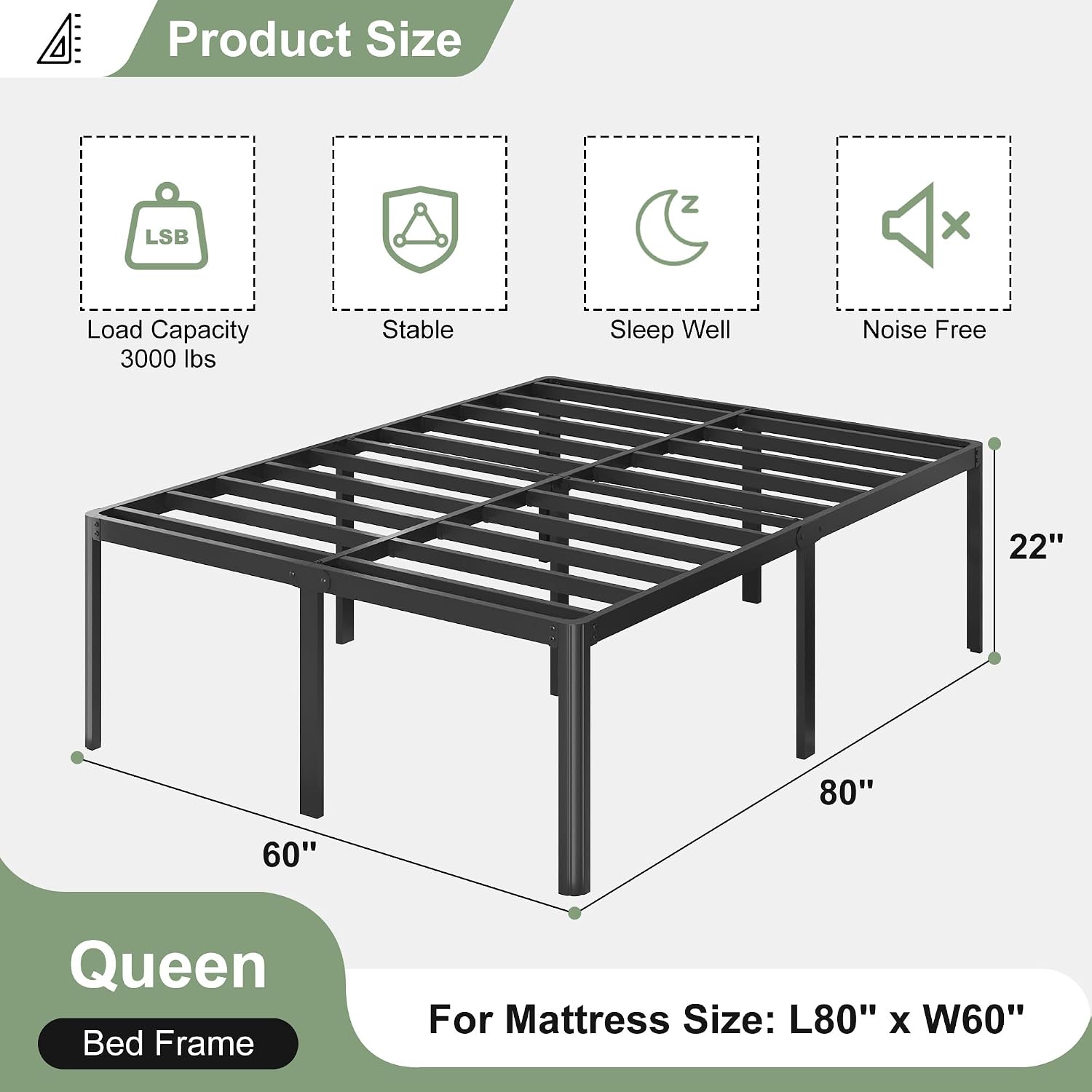 Lutown-Teen 22 Inch High Queen Bed Frame with Rounded Corner Legs, Heavy Duty Metal Queen Platform Bed Frame with Steel Slats Support, No Box Spring Needed, Noise Free, Easy Assembly