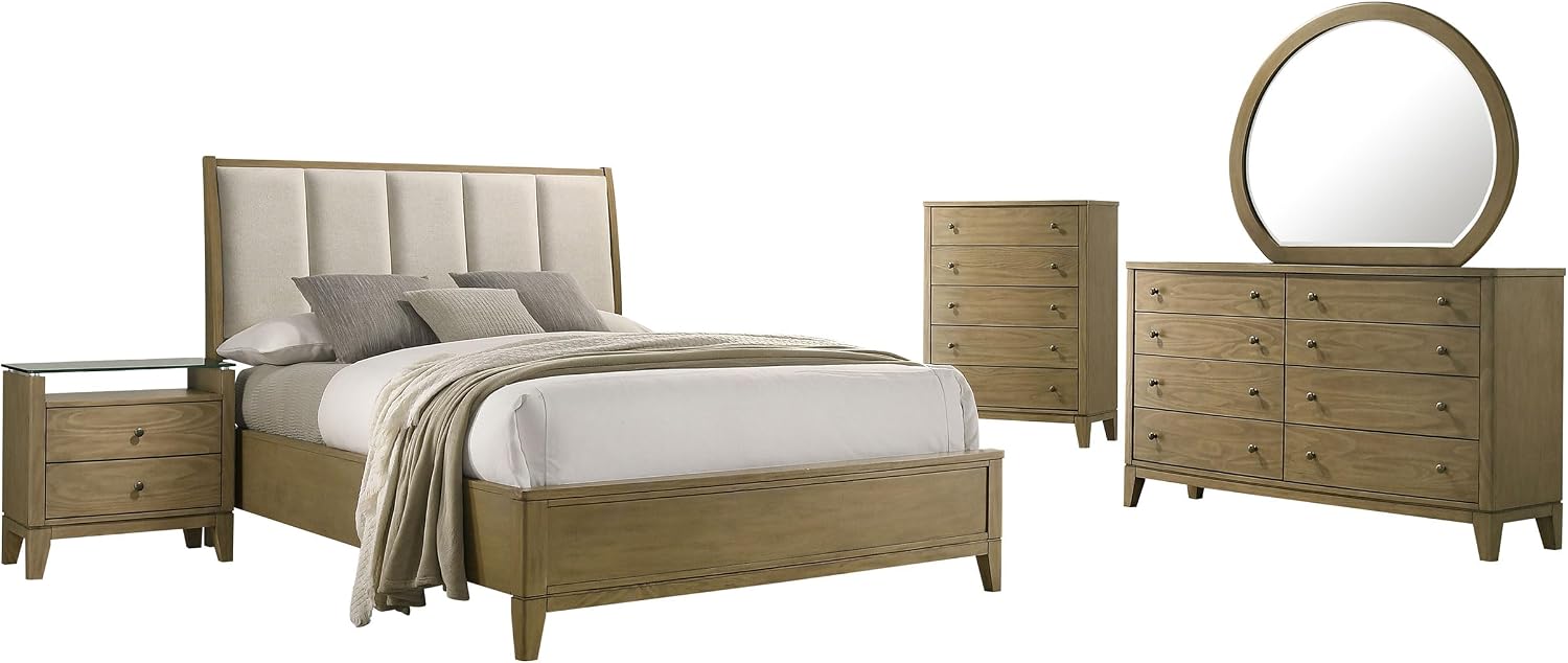 Coaster Home Furnishings Granada Transitional 5-Piece Bedroom Set Fabric Upholstered Eastern King Size Panel Bed Frame 53-inch Headboard Natural Pine 224921KE-S5