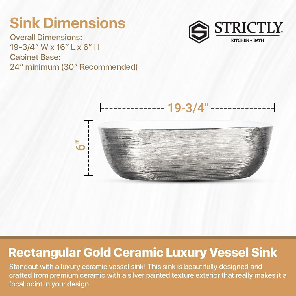 Strictly Sinks 19 Inch Bathroom Vessel Sink – Rectangular Silver & White Porcelain Countertop Bathroom Sink – Easy to Install Above Counter Luxurious Vessel Sink for Bathroom (19-3/4″ W x 16″ L x 6″H)