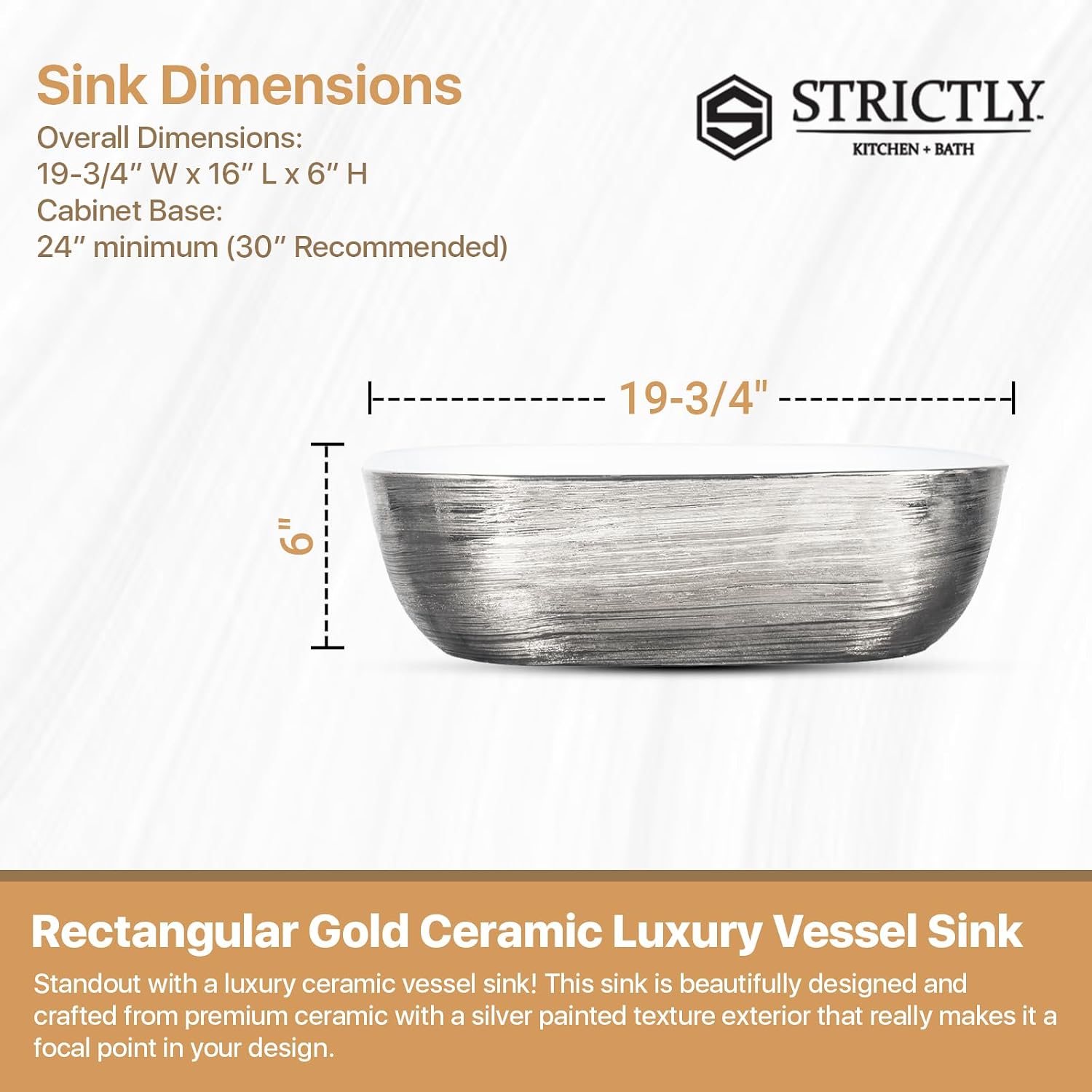 Strictly Sinks 19 Inch Bathroom Vessel Sink – Rectangular Silver & White Porcelain Countertop Bathroom Sink – Easy to Install Above Counter Luxurious Vessel Sink for Bathroom (19-3/4″ W x 16″ L x 6″H)