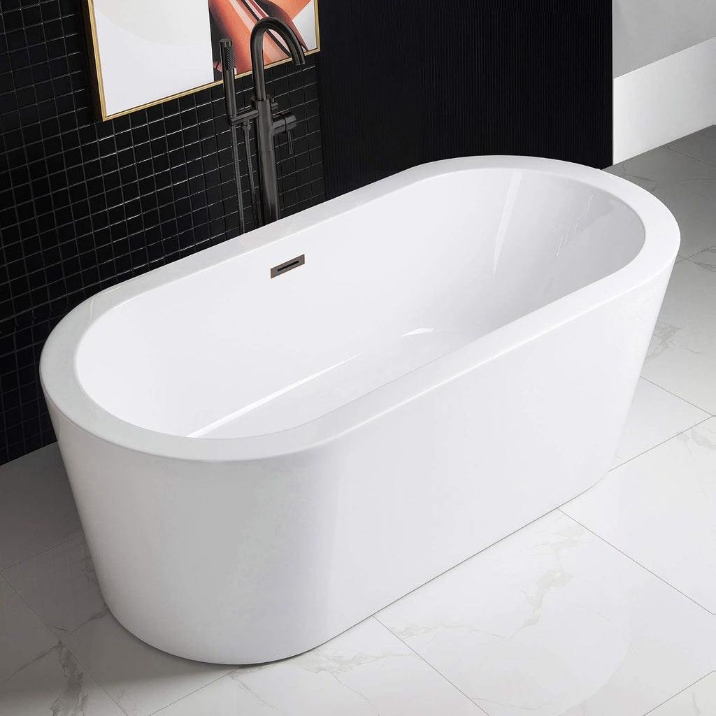 WOODBRIDGE 59' Acrylic Freestanding Bathtub Contemporary Soaking White Tub with Oil Rubbed Bronze Overflow and Drain，B0012 -ORB-Drain &O