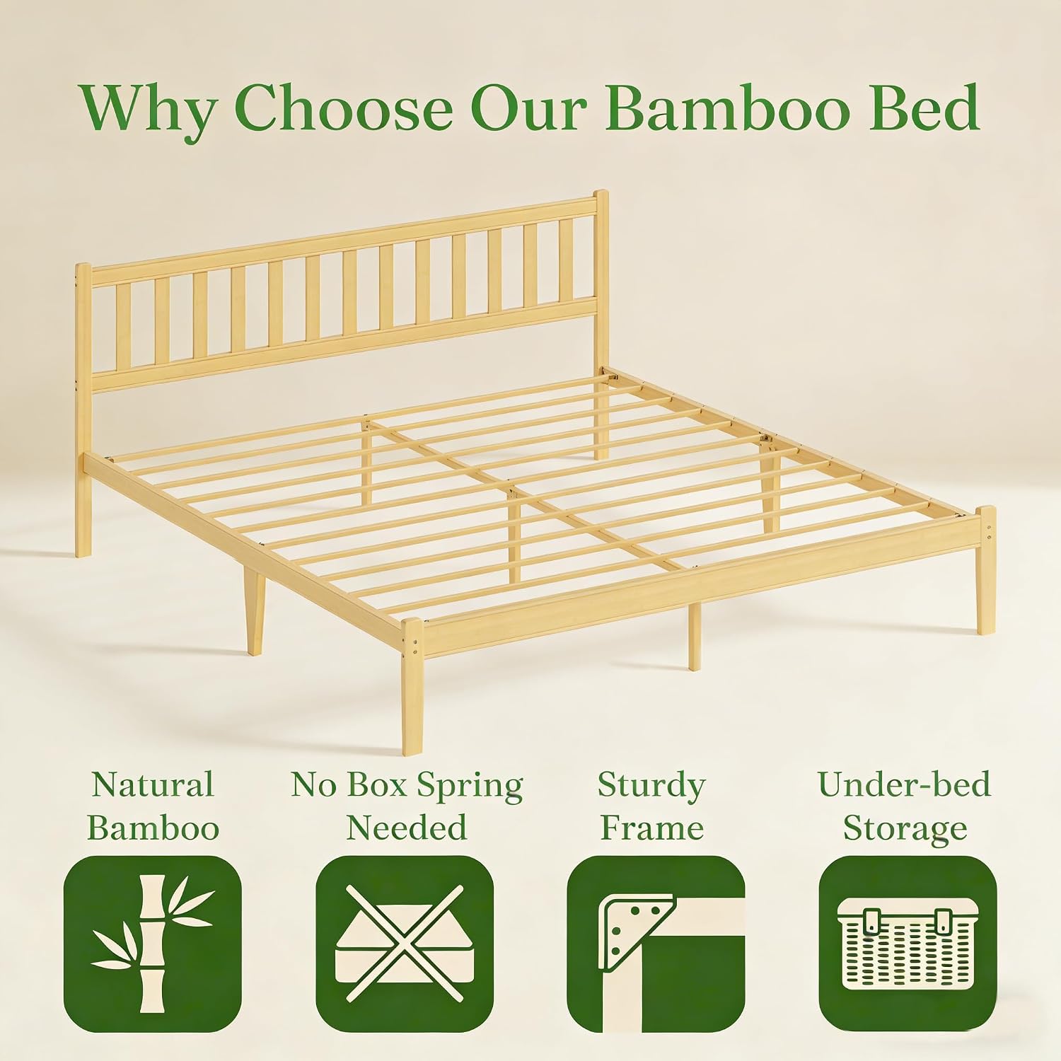 12 in High Solid Bamboo Wood King Size Bed Frame with Headboard, Platform Bed Frame King, Heavy Duty, No Box Spring Needed, Nosie Free