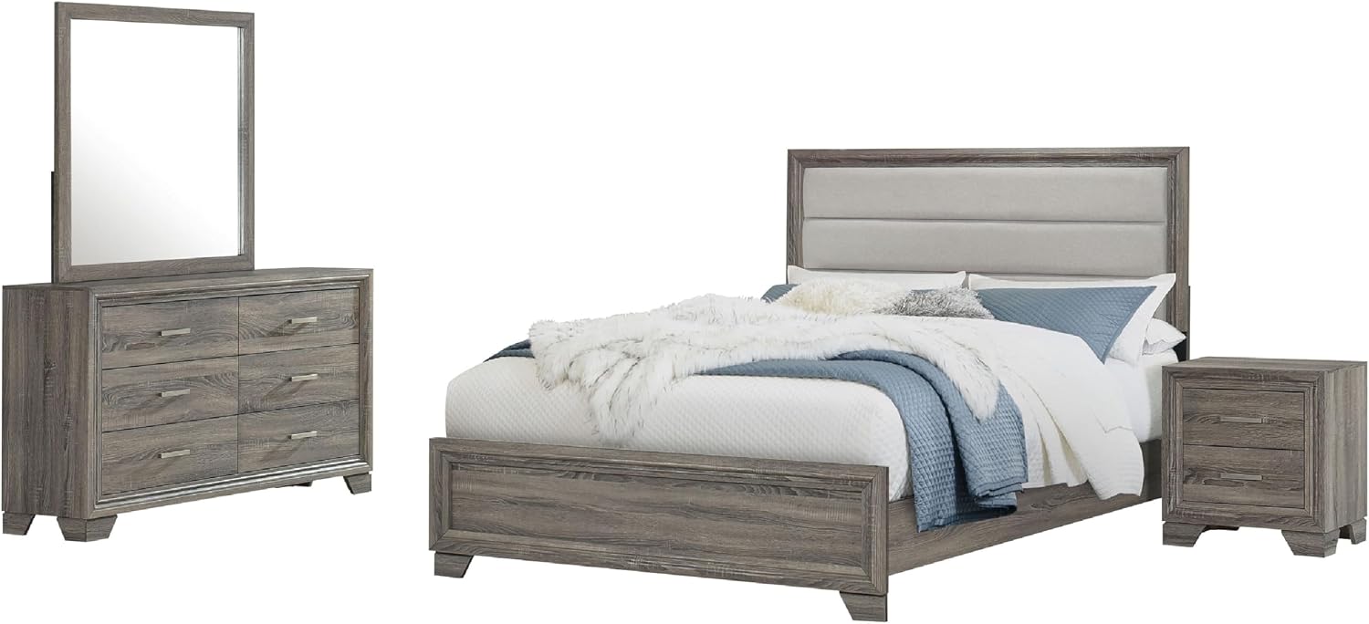 Benzara Reay 4 Piece Queen Bedroom Set with Dressers, Upholstered, Gray Brown
