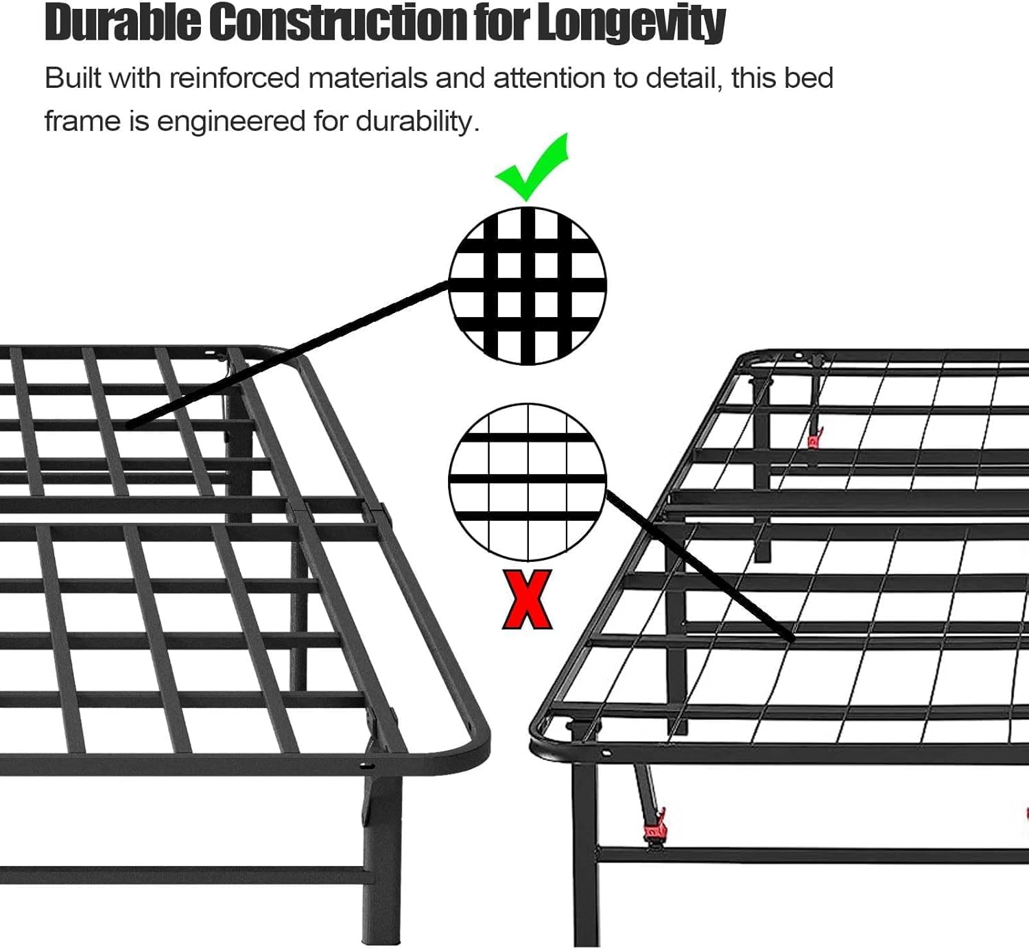 ZIYOO Heavy Duty Folding Bed Frame Queen Size, 12' High Sturdy Steel Slats Support for Mattress, Metal Platform Bed Frame Queen Size, No Box Spring Needed, Quick Assembly, Noise Free, Black