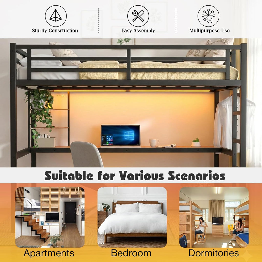 Full Size Metal Loft Bed with Desk, LED Lights & USB Charging Station, Sturdy Noise-Free High Loft Bed Frame with Safety Guardrails, Space-Saving Loft Bedframe for Adults, Kids, Teens, Black (Full)