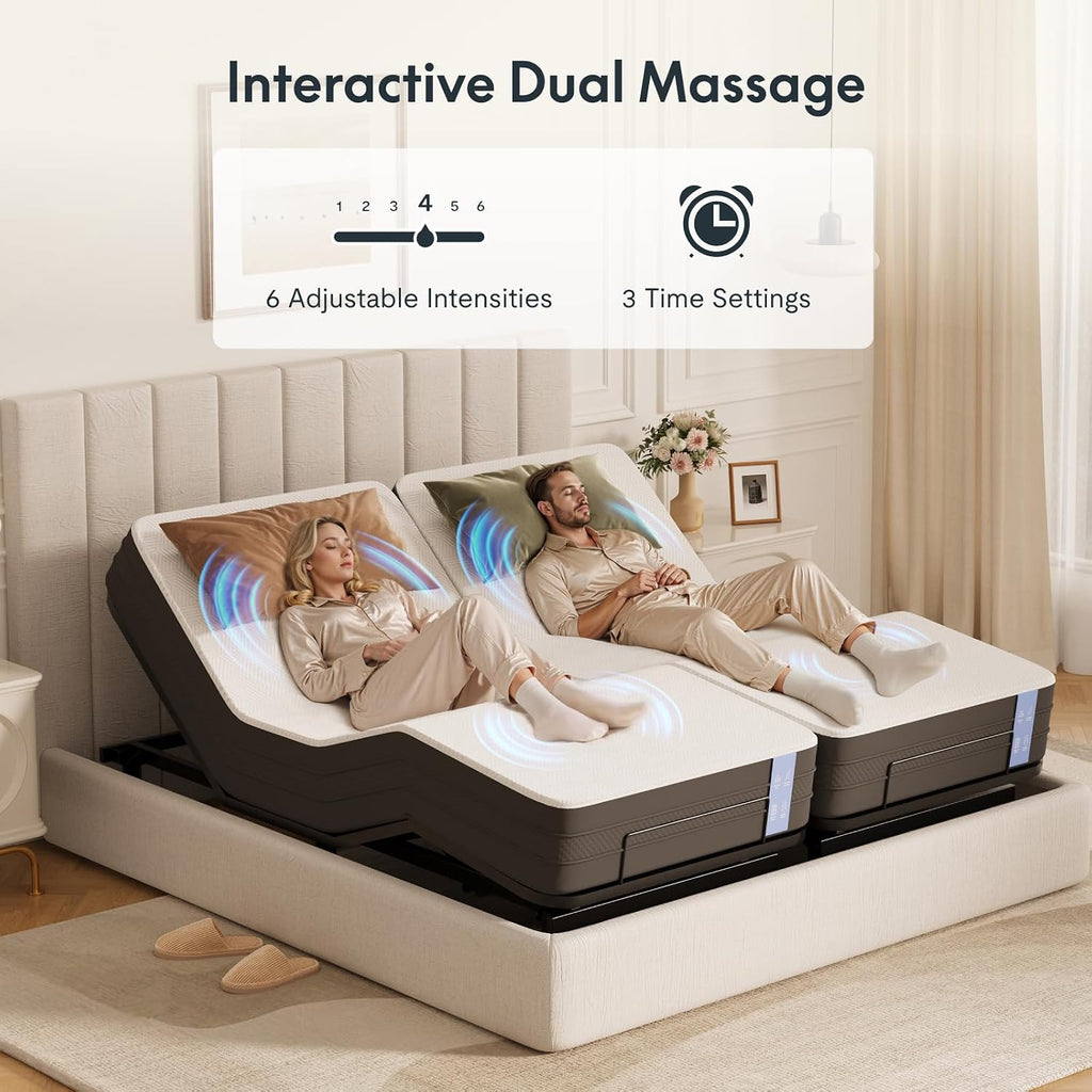 FLEXISPOT Split King Adjustable Bed Frame with 12' Gel Memory Foam Mattress – Zero Gravity & Soothing Massage, Medium-Firm Support, Bamboo Viscose Cover, 750 lbs Capacity