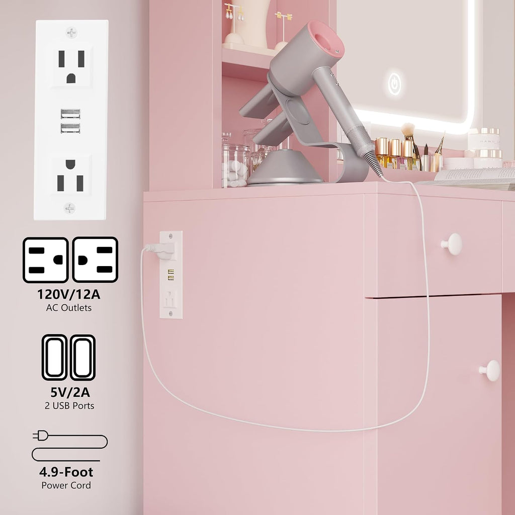 IRONCK Vanity Desk with LED Lighted Mirror & Power Outlet, Makeup Table with Drawers & Cabinet,Storage Stool,for Bedroom, Pink