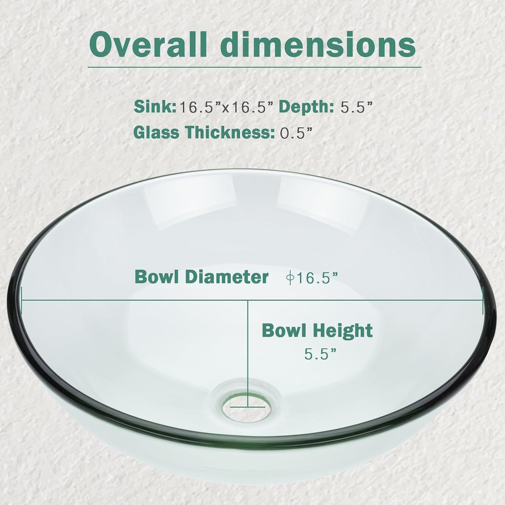 Design Vessel Sink Bathroom Sink above counter Small Vessel Sink Bathroom Sink Bowl Countertop Modern Sinks with faucet and drain combo 16.5' Round Transparent New