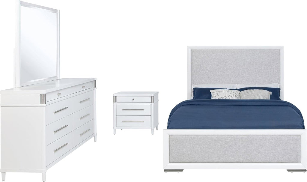 Coaster Home Furnishings - Gracemont - Wood - 4-Piece Bedroom Set with Light Grey Fabric, Vertical Tube, Cord Access and Flat Drawer Fronts - Bedroom - Queen Size - White - 225071Q-S4