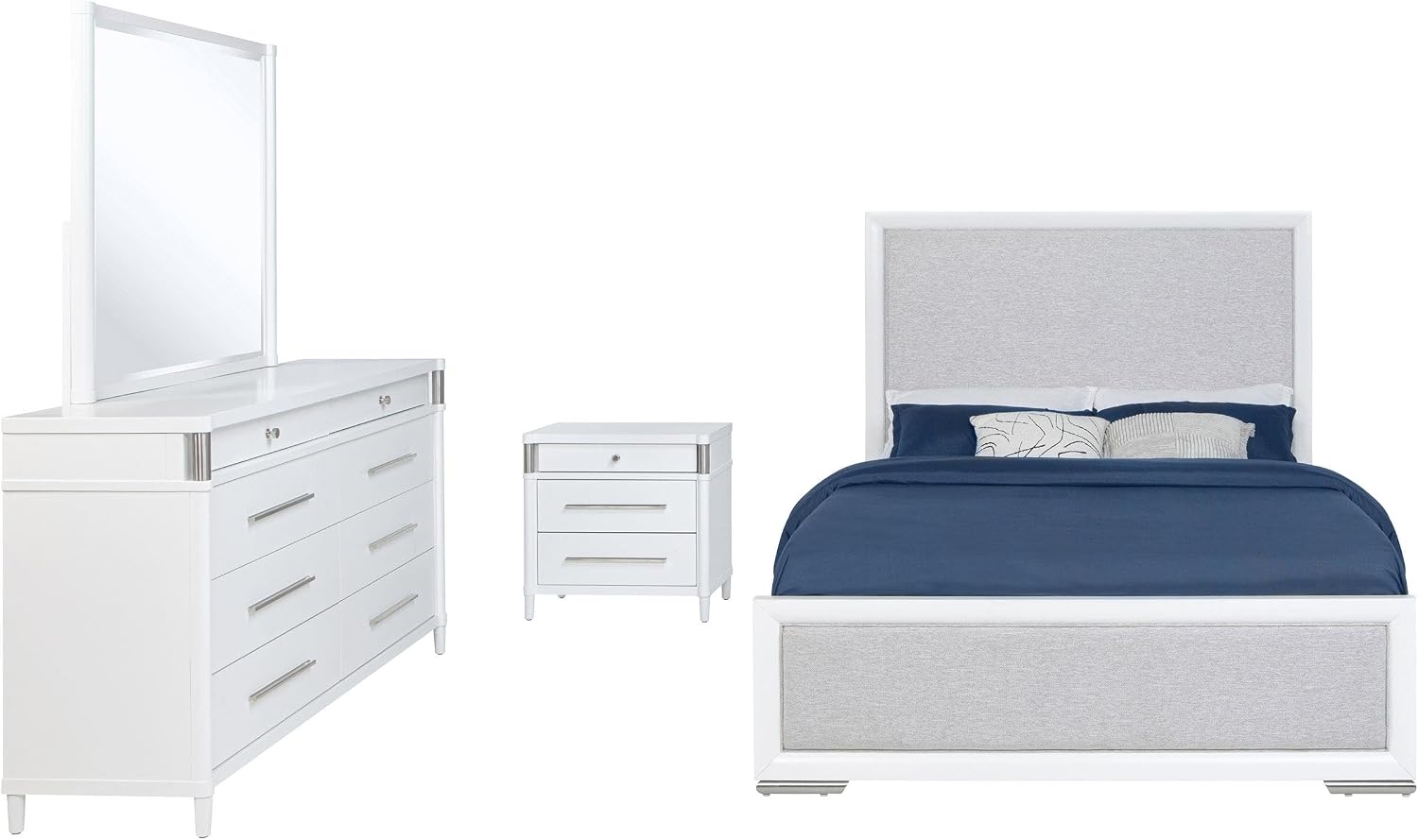 Coaster Home Furnishings - Gracemont - Wood - 4-Piece Bedroom Set with Light Grey Fabric, Vertical Tube, Cord Access and Flat Drawer Fronts - Bedroom - Queen Size - White - 225071Q-S4