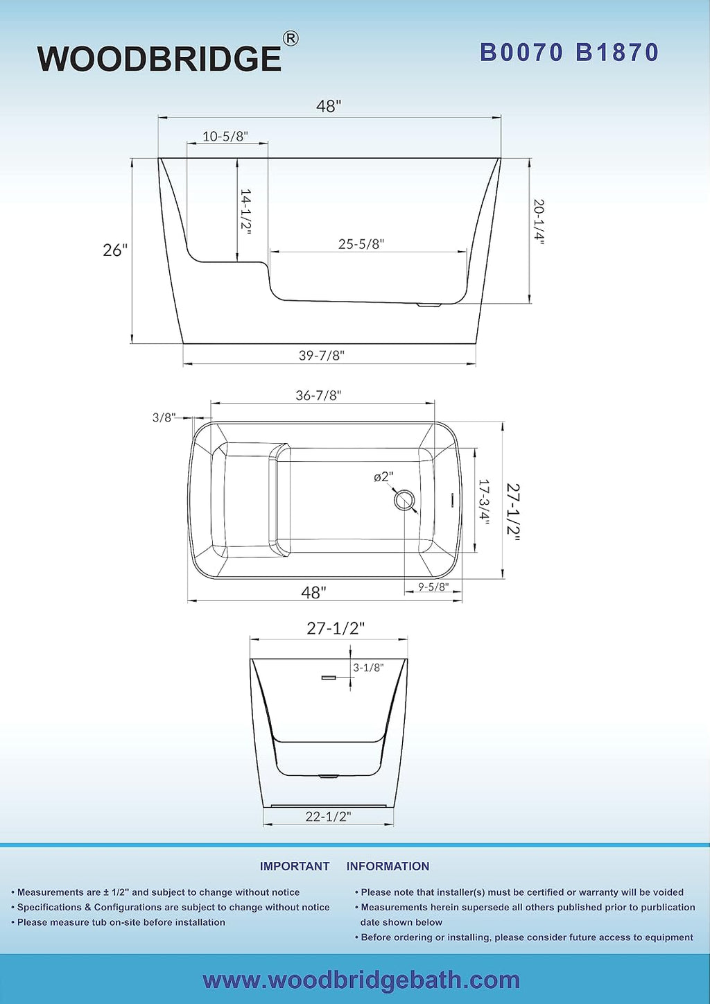 WOODBRIDGE 48' Acrylic Freestanding Square Shape Janpanese Soaking Tub with Pre-molded Seat and Brushed Nickel Pop-UP Drain and Overflow Option, Black, B1870