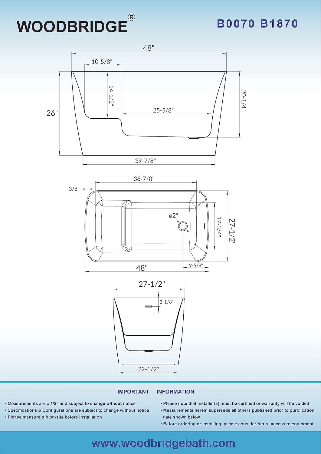 WOODBRIDGE 48' Acrylic Freestanding Square Shape Janpanese Soaking Tub with Pre-molded Seat and Brushed Nickel Pop-UP Drain and Overflow Option, Black, B1870