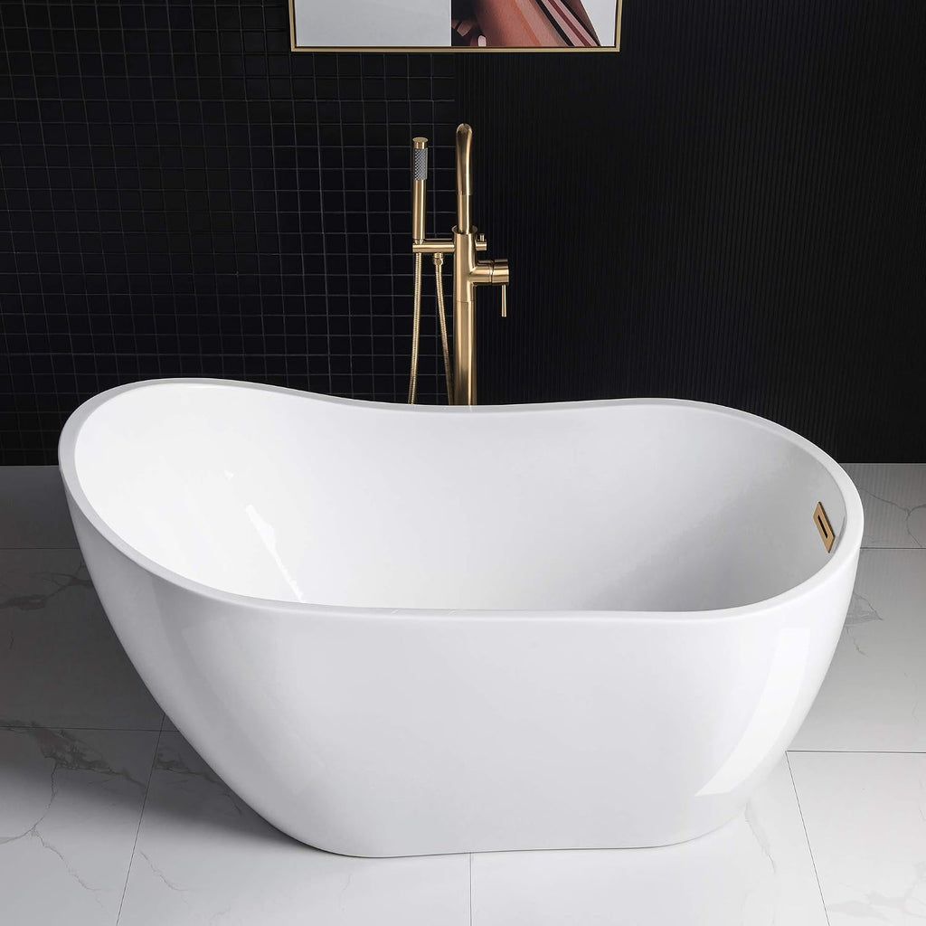 WOODBRIDGE 54' Acrylic Freestanding Bathtub Contemporary Soaking White Tub with Brushed Gold Overflow and Drain，B0006 -BG-Drain &O