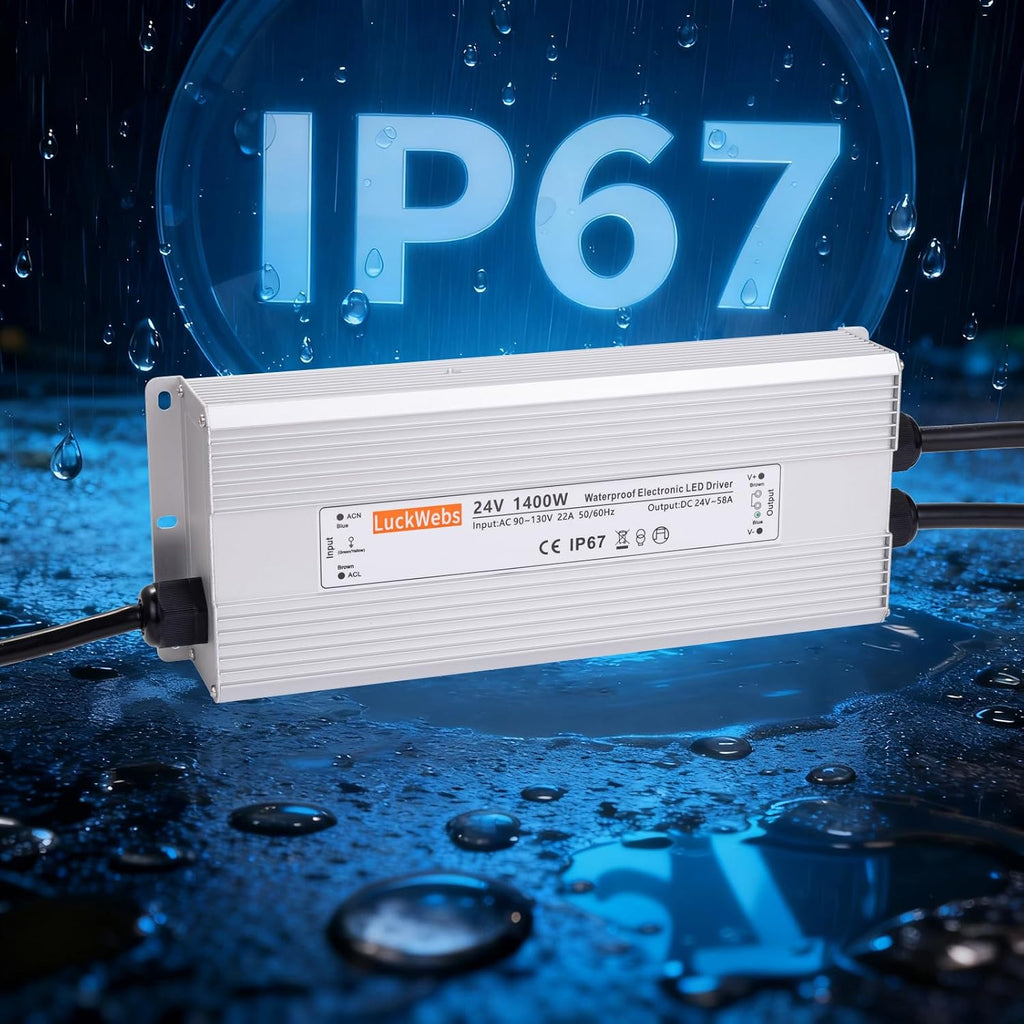 LED Driver 24V 1400W Waterproof Power Supply AC 90-130V to DC 24V58A Low-Voltage Transformer IP67 Switching Power Supply Suitable for high-Power LED Lighting and Any 24V DC Equipment