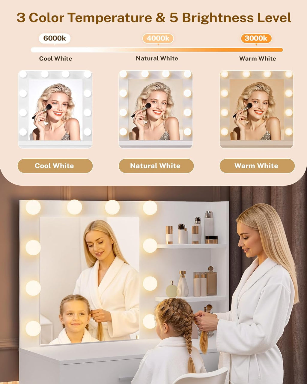 LIVELYGLOW White Makeup Vanity with 10 Hollywood Light Bulbs, 35.4' Wide Dressing Table with Large Mirror & Dimming Function, Small Space Vanity Desk with 2 Drawers, Storage Cabinet & Shelves